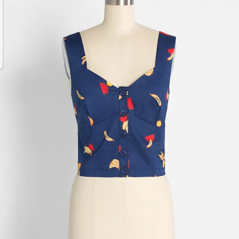 Modcloth Blue Crop Top with Banana and Red Fruit Print